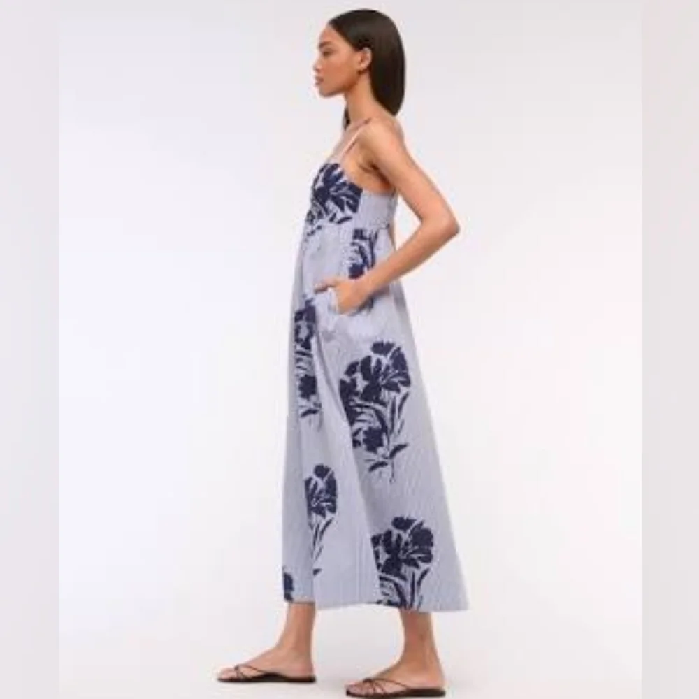 Abercrombie & Fitch Sweetheart Babydoll Striped and Floral Navy Dress